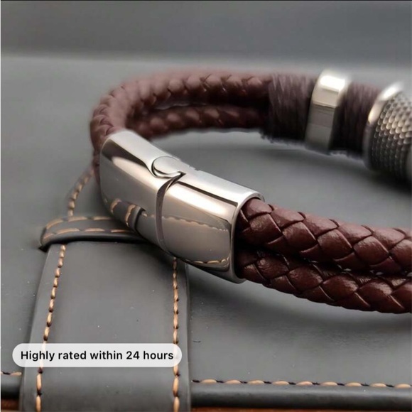 BROWN STAINLESS STEEL LEATHER BRACELET SILVER AND BROWN - Picture 3 of 5